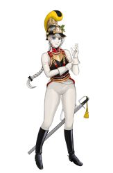 1girl adjusting_clothes adjusting_gloves austria belt black_boots black_bow blue_eyes boots bow braid chin_strap cuirass cuirassier cuirassier_helmet full_body gloves grin hair_bow high_collar highres imperial_austrian_army jacket katyusha_(98269886) knee_boots long_hair looking_at_viewer military military_uniform original pants riding_outfit saber_(weapon) scabbard sheath smile soldier solo spurs standing sword sword_knot tassel thighs weapon white_belt white_gloves white_hair white_jacket white_pants