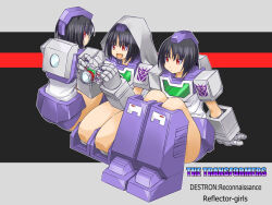 3girls armor armored_boots back_turned black_hair boots camera closed_mouth decepticon dot_mouth expressionless full_body gauntlets genderswap genderswap_(mtf) gloves grey_gloves grey_hood half-closed_eyes headpiece holding holding_camera hood hood_up humanization insignia kageyama_shinobi knees_to_chest knees_up looking_at_viewer looking_back mecha_musume mechanical_boots multiple_girls open_mouth profile purple_armor purple_boots red_eyes reflector_(transformers) seiza short_hair siblings sideways_glance sisters sitting smile solo spectro_(transformers) spyglass_(transformers) transformers transformers:_generation_1 triplets viewfinder_(transformers)
