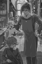 2boys alternate_costume apron ciel_phantomhive contemporary ena33333333 eyepatch gakuran greyscale hand_tattoo highres kuroshitsuji male_focus medical_eyepatch monochrome multiple_boys school_uniform sebastian_michaelis shirt short_hair tattoo teeth