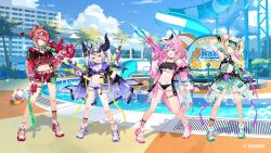 Rule 34 | 4girls, :d, ahoge, animal ears, antenna hair, aqua eyes, arm up, ball, beachball, bikini, bikini under clothes, bikini under shorts, black bikini, black horns, black jacket, blonde hair, blue eyes, blue sky, braid, braided bangs, braided bun, breasts, clothes around waist, cloud, commentary request, copyright notice, cropped jacket, crown braid, cumulonimbus cloud, day, demon horns, double-parted bangs, double bun, eyewear on head, feather hair, fishnet socks, fishnets, flat chest, frilled bikini, frills, full body, green jacket, grey hair, hair between eyes, hair bun, hakui koyori, hand on own hip, hand up, hands up, hexagon hair ornament, holding, holding rocket launcher, holding sword, holding water gun, holding weapon, hololive, holox, horns, ishihara (kuniyoshi), jacket, jacket around waist, jacket on shoulders, katana, la+ darknesss, large breasts, layered bikini, looking at viewer, medium hair, midriff, multicolored hair, multiple girls, navel, official alternate costume, official alternate hairstyle, official art, open fly, open mouth, outdoors, palm tree, pink hair, pointy ears, ponytail, purple eyes, purple hair, red jacket, red shorts, rocket launcher, round eyewear, see-through clothes, see-through jacket, shoes, short hair, shorts, sidelocks, sky, small breasts, smile, sneakers, snorkel mask, socks, stomach, streaked hair, striped horns, swimsuit, sword, tail, takane lui, tree, virtual youtuber, visor cap, water gun, water slide, waterpark, weapon, white background, wolf ears, wolf girl, yellow eyes