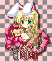 Rule 34 | 1girl, 2000s (style), alto seneka, animal ears, bad id, bikini, blonde hair, blush, bow, breasts, brown bikini, brown capelet, capelet, checkered background, cleavage, closed mouth, commentary request, fake animal ears, green eyes, grey background, large breasts, long hair, looking at viewer, mage (ragnarok online), monkey, pink background, pink bow, rabbit ears, ragnarok online, rusty soul, smile, solo, swimsuit, upper body, yoyo (ragnarok online)