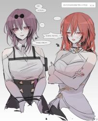 2girls anger_vein arrow_(symbol) bare_shoulders black_choker black_shorts blush bound breasts choker closed_eyes clothing_cutout collarbone collared_shirt commentary_request crossed_arms dress earrings fingernails golden_rose gradient_background grey_background hair_between_eyes high-waist_shorts highres himeko_(honkai:_star_rail) honkai:_star_rail honkai_(series) jewelry kafka_(honkai:_star_rail) korean_commentary korean_text large_breasts long_fingernails long_hair long_sleeves looking_at_viewer mole mole_under_mouth multiple_girls nail_polish open_mouth pink_pupils purple_eyes purple_hair red_hair red_nails seol_(baconontheclock) shirt short_hair shorts shoulder_cutout sidelocks simple_background single_earring sleeveless sleeveless_dress smile speech_bubble standing teeth tied_up_(nonsexual) translation_request v-shaped_eyebrows white_background white_dress white_shirt
