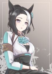 1girl absurdres animal_ears aqua_ascot armband black_hair braid braided_bun breasts brown_armband from_side funamori grey_background hair_bun highres horse_ears horse_girl jacket large_breasts looking_at_viewer looking_to_the_side mejiro_ramonu_(umamusume) mole mole_under_eye multicolored_hair purple_eyes single_hair_bun solo streaked_hair umamusume white_hair white_jacket