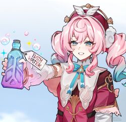 1girl aqua_hair beret bottle clothes-dissolving_potion dress english_text foxyreine gradient_hair grin hat highres holding holding_bottle honkai:_star_rail honkai_(series) hyacine_(honkai:_star_rail) multicolored_hair pink_hair red_dress red_hat smile solo teeth twintails two-tone_hair upper_body you_can_just_give_this_kind_of_thing_to_men_and_they_will_be_thrilled_(meme)