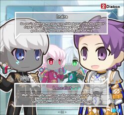 1girl 3boys armor blue_eyes boy_vajra_(fate) cape dark-skinned_female dark-skinned_male dark_skin earrings english_text fate/grand_order fate_(series) full_armor girl_vajra_(fate) green_eyes indra_(fate) jewelry lancelot_(fate/grand_order) multiple_boys open_mouth purple_eyes purple_hair red_eyes shirt short_hair user_dtrm7283 white_hair
