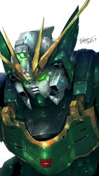 Rule 34 | altron gundam, commentary, dated, denjyou23, glowing, glowing eyes, green eyes, gundam, gundam wing, gundam wing: endless waltz, highres, mecha, mecha focus, mobile suit, no humans, portrait, rifling, robot, science fiction, signature, simple background, solo, v-fin, white background