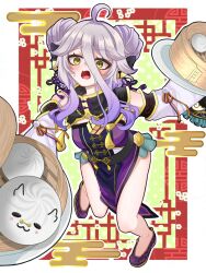 :3 ahoge steamed_bun bell breasts china_dress chinese_clothes detached_collar detached_sleeves dim_sum double_bun dress eyeliner food gradient_hair grey_hair hair_bell hair_bun hair_ornament henya_the_genius henya_the_genius_(kung-fu_henya) highres hrk_itoshi makeup medium_breasts multicolored_hair open_mouth pelvic_curtain plate purple_dress purple_footwear purple_hair red_eyeliner sidelocks sweatdrop tassel tripping virtual_youtuber vshojo yellow_eyes