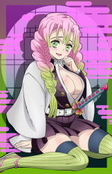 1girl braid breasts cleavage green_eyes green_hair kanroji_mitsuri kimetsu_no_yaiba large_breasts long_hair madcatstudios multicolored_hair pink_hair solo sword thighhighs twin_braids two-tone_hair weapon