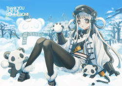 Rule 34 | 1girl, animal, animal ear fluff, animal ears, asuda, black boots, black gloves, black hair, black hat, black pantyhose, blue sky, boots, breasts, commentary request, commission, crop top, day, fur-trimmed boots, fur-trimmed skirt, fur trim, gloves, grey eyes, grey hair, hair rings, hat, highres, holding, jacket, knees together feet apart, knees up, long hair, long sleeves, medium breasts, midriff, multicolored hair, navel, open clothes, open jacket, original, outdoors, panda, pantyhose, parted lips, peaked cap, puffy long sleeves, puffy sleeves, shirt, skeb commission, skirt, sky, snowball, snowman, solo, thank you, twintails, two-tone hair, very long hair, white jacket, white shirt, white skirt