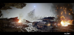3d aircraft attack_ship_(eve_online) autodesk_3ds_max_(medium) battlefield building caldari_state_(eve_online) caterpillar_tracks commentary copyright_logo copyright_name corax_(eve_online) day destroyer_(eve_online) dust dust_514 eve_online fire glowing grey_sky haoliang_yang highres kaalakiota_corporation_(eve_online) letterboxed logo military_vehicle motor_vehicle mountain mountainous_horizon no_humans official_art outdoors photoshop_(medium) plant realistic rock scenery science_fiction sky smoke spacecraft star_(sky) tank tank_turret thrusters unreal_engine_(medium)