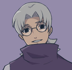Rule 34 | 1boy, :d, grey hair, grin, long hair, looking at viewer, lowres, makidsume, male focus, naruto (classic), naruto (series), open mouth, purple background, purple shirt, round eyewear, shirt, simple background, smile, solo, teeth, upper body, yakushi kabuto