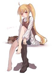 1girl ahoge ame33_2 bare_legs barefoot bike_shorts blonde_hair bocchi_the_rock! boots breasts brown_boots brown_camisole camisole commentary_request dress frilled_sleeves frills high_side_ponytail highres holding holding_boots holding_footwear holding_unworn_clothes ijichi_nijika invisible_chair knee_up long_hair long_sleeves looking_at_viewer parted_lips puffy_long_sleeves puffy_sleeves red_eyes shadow side_ponytail sidelocks simple_background sitting small_breasts solo stuffed_animal stuffed_toy teddy_bear toes turtleneck turtleneck_dress twitter_username unworn_boots very_long_hair white_background white_dress