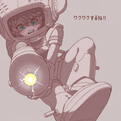 1girl aiming aiming_at_viewer arm_cannon armored_boots blue_eyes blush boots brown_background brown_theme diving_helmet energy_ball full_body helmet highres knee_up looking_at_viewer masei_shibou monochrome official_alternate_costume open_mouth pixel_text reverse:1999 short_jumpsuit solo spathodea_(onwards_to_victory)_(reverse:1999) spathodea_(reverse:1999) spot_color sweat translation_request weapon