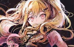 1girl absurdres black_background blonde_hair commentary_request floating_hair from_side hair_ornament hair_over_mouth hair_over_shoulder hairclip hairpin head_tilt heart heart_necklace highres jewelry long_hair looking_at_viewer messy_hair necklace pink_eyes pipi_(pipinavigation) project_sekai red_eyes sidelocks simple_background solo star_(symbol) star_hair_ornament tag tenma_saki twintails