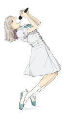 1girl 524ryo aqua_neckerchief aqua_shoes ceras_yanagida_lilienfeld commentary_request dress full_body hair_ribbon hasu_no_sora_school_uniform highres holding holding_microphone karaoke karaoke_hasu_no_sora link!_like!_love_live! love_live! medium_dress microphone neckerchief open_mouth pink_ribbon pleated_dress profile puffy_short_sleeves puffy_sleeves ribbon sailor_collar sailor_dress school_uniform shoes short_sleeves simple_background solo summer_uniform uwabaki virtual_youtuber white_background white_dress white_sailor_collar