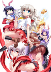10s 1boy 5girls angel_beats! animal_ears camcorder charlotte_(anime) company_connection crossover fake_animal_ears fox_ears highres hirari_minase holy_breaker! hood irie_miyuki kanon kawasumi_mai key_(company) leotard little_busters! long_hair multiple_girls natsume_kyousuke nontraditional_playboy_bunny pantyhose playboy_bunny rabbit_ears school_uniform sekine_shiori serafuku short_hair tail tomori_nao torn_clothes torn_legwear video_camera zen