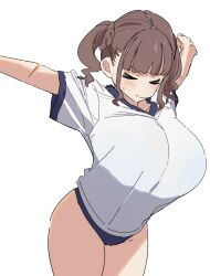&gt;_&lt; 1girl arms_up blue_buruma blunt_bangs blush bra_visible_through_clothes breasts brown_hair buruma closed_eyes closed_mouth commentary_request cowboy_shot gym_shirt gym_uniform highres huge_breasts original osakana_(kitasisn) outstretched_arms shirt short_sleeves sidelocks simple_background solo sportswear stretching sugimori_futaba_(osakana) t-shirt twintails v-shaped_eyebrows white_background white_shirt