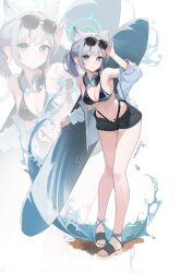 1girl animal_ear_fluff animal_ears bikini black_bikini blue_archive blue_eyes blue_halo blue_jacket breasts closed_mouth extra_ears eyewear_on_head grey_hair halak0000 halo highres jacket long_sleeves looking_at_viewer medium_breasts medium_hair mismatched_pupils open_clothes open_jacket sandals shiroko_(blue_archive) signature simple_background solo sunglasses surfboard swimsuit toes white_background wolf_ears zoom_layer