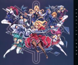Rule 34 | 6+girls, absurdres, arnett mcmillian, atia simmons, blonde hair, breasts, cassie lockheart, chiffon fairchild, cleavage, dress, elizabeth mably, freezing (series), genessa roland, green hair, grey hair, high heels, highres, kim kwang hyun, large breasts, medium breasts, multiple girls, no bra, non-web source, official art, panties, rana linchen, red hair, reminiscence: freezing illustrations, satellizer el bridget, school uniform, shoes, thighhighs, underwear, weapon