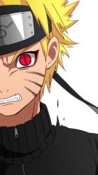 Rule 34 | 1boy, angry, black shirt, clenched teeth, commentary, facial mark, fang, forehead protector, furrowed brow, hashtag-only commentary, konohagakure symbol, kooda, looking at viewer, male focus, naruto (series), naruto shippuuden, red eyes, shirt, simple background, slit pupils, solo, teeth, turtleneck, upper body, uzumaki naruto, white background, zipper pull tab