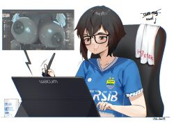 2girls artist_self-insert black-framed_eyewear black_hair blood blue_shirt bouncing_breasts brand_name_imitation breasts brown_eyes chair cowgirl_position cup dark-skinned_female dark_skin drawing_(action) drawing_tablet head_out_of_frame highres huge_breasts keyblade long_hair lulu-chan92 mug multiple_girls nipples nosebleed office_chair original persib_bandung shirt short_hair short_sleeves sitting soccer_uniform sportswear straddling stylus sweat swivel_chair towel vaginal very_long_hair wacom white_hair