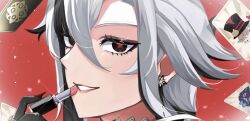 1girl arlecchino_(genshin_impact) black_eyes black_hands clenched_teeth colored_extremities commentary earrings fingernails genshin_impact grey_hair hair_between_eyes holding jewelry long_hair looking_at_viewer lynette_(genshin_impact) lyney_(genshin_impact) red_background red_pupils sharp_fingernails shiba_(tonari_no_shiba_inu) simple_background smile solo symbol-shaped_pupils teeth x-shaped_pupils