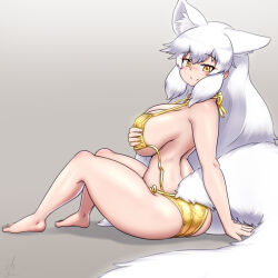 1girl animal_ears arctic_fox_(kemono_friends) bikini blush breasts extra_ears fox_ears fox_girl fox_tail gold_bikini golden_week hair_between_eyes highres kemono_friends kemono_friends_3 large_breasts long_hair looking_at_viewer mo23 satin_bikini shiny_swimsuit side-tie_bikini_bottom simple_background smile solo swimsuit tail white_hair yellow_eyes
