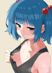 1girl absurdres black_tank_top blue_eyes blue_hair blunt_bangs breasts from_side grin hair_bobbles hair_ornament highres kawashiro_nitori looking_at_viewer mooui nipples pulling_own_clothes simple_background small_breasts smile solo sweat tank_top touhou upper_body