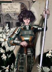 1girl absurdres antenna_hair armor armored_skirt black_hair blind sophie_(popopoka) blush bob_cut borrowed_character breastplate brown_eyes cathedral chainmail clothes_writing commentary cosplay cowboy_shot english_commentary english_text field flag flower flower_field flying_sweatdrops freckles gold_trim grey_armor hair_between_eyes hand_up highres holding holding_flag holding_sword holding_weapon hugarden_(david_hugaev) jeanne_d&#039;arc jeanne_d&#039;arc_(cosplay) lily_(flower) messy_hair nervous_sweating nose_blush original outdoors parted_lips planted planted_sword planted_weapon plate_armor raised_eyebrows real_life rose_window solo standing sweat sword upturned_eyes very_sweaty weapon white_flag white_flower white_lily worried