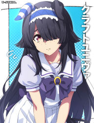 1girl absurdres animal_ears artist_name black_hair blush breasts brown_eyes character_name closed_mouth commentary_request freckles hair_between_eyes hair_ornament hair_over_one_eye hairband highres horse_ears horse_girl kraft_univa_(umamusume) looking_at_viewer medium_breasts school_uniform solo suzukatore tracen_school_uniform umamusume umamusume:_cinderella_gray
