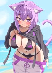 1girl absurdres ahoge animal_ears bikini black_bikini black_hoodie blue_sky blush breasts cat_ear_bikini cat_ears cat_girl cat_tail closed_mouth clothes_lift cloud cloudy_sky day highres hololive hood hoodie hoodie_lift kumoru_(kumoru_145) large_breasts leaning_forward long_sleeves looking_at_viewer medium_hair navel nekomata_okayu nekomata_okayu_(1st_costume) outdoors pants pants_lift purple_eyes purple_hair purple_tail sky smile solo stomach swimsuit tail thighs virtual_youtuber white_pants