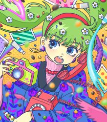 Rule 34 | 1girl, antique phone, blue eyes, blue nails, camera, candy, earrings, eyelashes, floral print, flower, food, fujishima moyu, green hair, hair flower, hair ornament, hairband, highres, holding, holding camera, japanese clothes, jewelry, open mouth, original, phone, pink sweater, polka dot, polka dot background, rainbow, red hairband, ribbed sweater, rotary phone, solo, sweater, toy train, train, twintails
