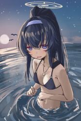 1girl bikini bird black_bikini black_hair blue_archive blue_eyes blush breasts class_404 hair_between_eyes hair_over_shoulder hairband halo jewelry long_hair looking_at_viewer medium_breasts moon navel necklace night ocean partially_submerged ponytail solo standing star_(sky) swimsuit ui_(blue_archive) upper_body wading