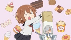 0_0 2girls anchor_symbol black_sailor_collar black_skirt blue_sailor_collar bowl brown_hair cake candy checkerboard_cookie cookie food gloves hair_ornament hairclip hamakaze_(kancolle) ice_cream ikazuchi_(kancolle) kantai_collection multiple_girls neckerchief parody popcorn pudding red_neckerchief sailor_collar school_uniform serafuku short_hair skirt spoon sugapi sugar utensil_in_mouth whisk white_gloves white_hair yellow_neckerchief