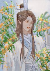 1boy brown_eyes brown_hair chinese_clothes coat flower hand_up hanfu headband highres holding holding_flower lan_xichen leaf long_hair long_sleeves looking_at_flowers male_focus modao_zushi ojisan_rbt open_clothes open_coat orange_flower parted_lips plant sash sidelocks smile solo teeth topknot twitter_username upper_body watermark white_coat white_hanfu white_headband wide_sleeves xiao_guan_(headdress)