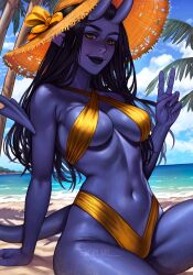 1girl absurdres arm_support beach bikini black_hair black_lips breasts cloud cloudy_sky colored_skin day demon_tail gold_bikini hat highres horns inspy_art lips long_hair looking_at_viewer medium_breasts navel ocean original outdoors pointy_ears purple_skin sand sand_on_skin shore sitting sky solo sun_hat swimsuit tail tiefling v watermark web_address yellow_eyes