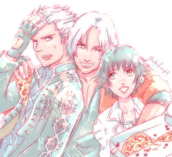 1girl 2boys allie_(united_f) artist_name black_coat black_gloves black_hair black_shirt blue_eyes coat dante_(devil_may_cry) devil_may_cry_(series) devil_may_cry_5 fingerless_gloves food gloves green_eyes heterochromia holding holding_food holding_pizza jacket lady_(devil_may_cry) multiple_boys one_eye_closed pizza pizza_box pizza_slice red_coat red_eyes scar scar_on_face scar_on_nose shirt simple_background smile sweatdrop vergil_(devil_may_cry) white_background white_hair white_jacket