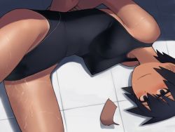1girl arms_behind_back bare_shoulders bdsm black_hair black_one-piece_swimsuit blue_eyes blush bondage bound bound_wrists breasts cameltoe closed_mouth collarbone covered_erect_nipples dark-skinned_female dark_skin female_focus gag unworn_gag improvised_gag kuronami_(lvi) looking_at_viewer lvi lying medium_breasts on_ground on_side one-piece_swimsuit original pussy_juice rope short_hair smile solo sweat swimsuit tan tanline tape tape_gag wet wet_clothes