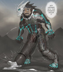 1boy bara black_hair bodysuit cum cumdrip english_text facial_hair foreshortening fucked_silly full_body gigantic_penis glowing_cracks goatee_stubble hibino_kafka hibino_kafka_(kaiju_form) highres huge_eyebrows kaijuu_no._8 looking_at_viewer male_focus male_lactation muscular muscular_male outstretched_arms paid_reward_available pectorals penis radx26 sanpaku short_hair slime_suit solo spread_arms stubble teeth toned toned_male trembling uncensored vore