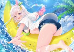 Rule 34 | 1girl, :d, airani iofifteen, ass, banana boat, barefoot, bikini, bikini top only, bikini under clothes, black bikini, blue hair, blue shorts, blue sky, bow hairband, braid, braided ponytail, breasts, cloud, commentary, day, denim, denim shorts, gradient hair, green hairband, hairband, hololive, hololive indonesia, hood, hooded jacket, jacket, large breasts, long hair, looking at viewer, low ponytail, multicolored hair, ocean, open mouth, outdoors, outstretched arm, palette hair ornament, pink hair, pink hairband, ponytail, purple eyes, short-sleeved jacket, short shorts, short sleeves, shorts, sky, smile, soles, solo, swept bangs, swimsuit, symbol-only commentary, two-tone hairband, virtual youtuber, water, white jacket, yano mitsuki (nanairo)
