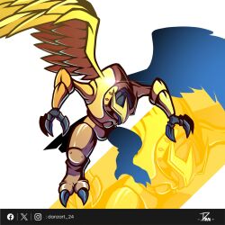 armor artist_name beak bird crossmon danzart_24 digimon digimon_(creature) gold_armor helmet highres no_humans simple_background solo_focus talons white_background yellow_wings zoom_layer