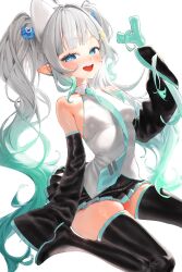 1girl absurdres aqua_theme armpit_crease bare_shoulders black_skirt blue_eyes boots bow breasts collared_shirt cosplay detached_sleeves food ghost_girl ghost_hair_ornament gradient_hair green_hair hair_bow hatsune_miku hatsune_miku_(cosplay) highres holding holding_food holding_spring_onion holding_vegetable indie_virtual_youtuber kneehighs looking_at_viewer mila_(milaart12) mint_fantome multicolored_hair pointy_ears shirt skirt sleeves_past_wrists small_breasts smile socks solo spring_onion thigh_boots thighhighs thighs triangular_headpiece twintails vegetable vocaloid white_hair white_headdress white_shirt