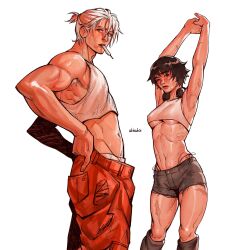 1boy 1girl altades_art artist_name black_hair breasts crop_top dante_(devil_may_cry) devil_may_cry_(series) headphones headphones_around_neck highres lady_(devil_may_cry) navel one_eye_closed pants ponytail scar scar_on_face scar_on_leg scar_on_nose shirt shorts simple_background stretching sweat underboob white_background white_hair white_shirt