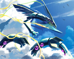 animal_focus artist_name bird blue_sky claws cloud day dragon eastern_dragon eye_trail from_side gen_3_pokemon glowing glowing_eyes highres legendary_pokemon light_trail mega_pokemon mega_rayquaza nintendo no_humans open_mouth penta_oekaki pokemon pokemon_(creature) pokemon_focus rayquaza signature sky solo_focus