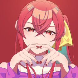 1girl absurdres adapted_costume closed_mouth finger_heart fingernails guumin hair_ribbon head_tilt highres kotohime_(touhou) lips long_hair long_sleeves nail_polish phantasmagoria_of_dim.dream purple_shirt red_background red_eyes red_hair red_nails ribbon shirt side_ponytail simple_background solo touhou touhou_(pc-98) turtle upper_body very_long_hair yellow_ribbon