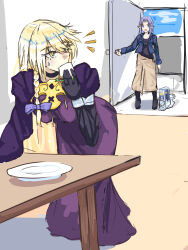 2girls absurdres arciel_(nijuyon_zen) artoria_pendragon_(fate) artoria_pendragon_(lancer_alter)_(fate) black_gloves blonde_hair blue_eyes blue_hair braid breasts brown_skirt casual character_doll choker cosplay doll dress eating fate/grand_order fate/hollow_ataraxia fate_(series) figure food gloves hair_between_eyes highres holding jacket large_breasts long_hair long_sleeves medea_(caster)_(fate) medea_(caster)_(fate)_(cosplay) medea_(casual_wear)_(fate) medea_(fate) multiple_girls official_alternate_costume pointy_ears purple_dress saber_(fate) sandwich side_braid sidelocks skirt sweatdrop yellow_eyes