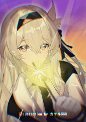 1girl alternate_costume artist_name black_hairband black_necktie chromatic_aberration closed_mouth commentary_request firefly_(honkai:_star_rail) fireworks grey_hair hair_between_eyes hairband heavy_chromatic_aberration highres holding holding_fireworks honkai:_star_rail honkai_(series) jacket letterman_jacket long_hair looking_at_viewer necktie smile solo sparkler srpzk upper_body yellow_eyes