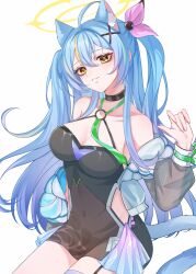 1girl absurdres ahoge animal bad_tag breasts cat choker cleavage cybermyth dress fluff from_side halo highres jacket navel o-ring rebellion_godsoul ribbon see-through_clothes solo streaked tail thighhighs two virtual