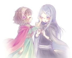 10s 2girls ani_inako cloak crying dame_x_prince closed_eyes female_focus hantoumei_namako long_hair mare_(dame_x_prince) multiple_girls one_eye_closed open_mouth pale_color profile tears