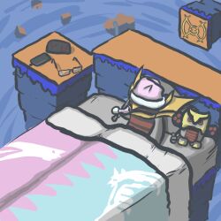 bed blanket cellphone clock closed_eyes dialga digital_clock distortion_world dragon fur-trimmed_headwear fur_trim gen_4_pokemon giratina giratina_(origin) hat legendary_pokemon lying nightcap nintendo no_humans on_bed palkia phone pillow pink_hat pokemon pokemon_(creature) pokemon_dppt pom_pom_(clothes) sleeping smartphone soandnb stuffed_animal stuffed_toy unworn_eyewear